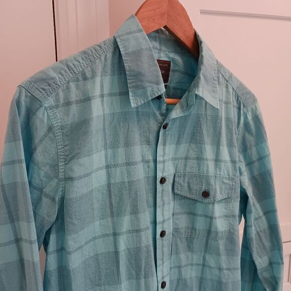 Mens GAP Cotton Button Down Shirt Aqua Plaid - Picture 2 of 11